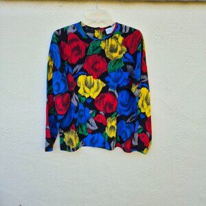 Vintage 100% Silk Black Bright Floral Blouse 90s 80s Office Work Professional